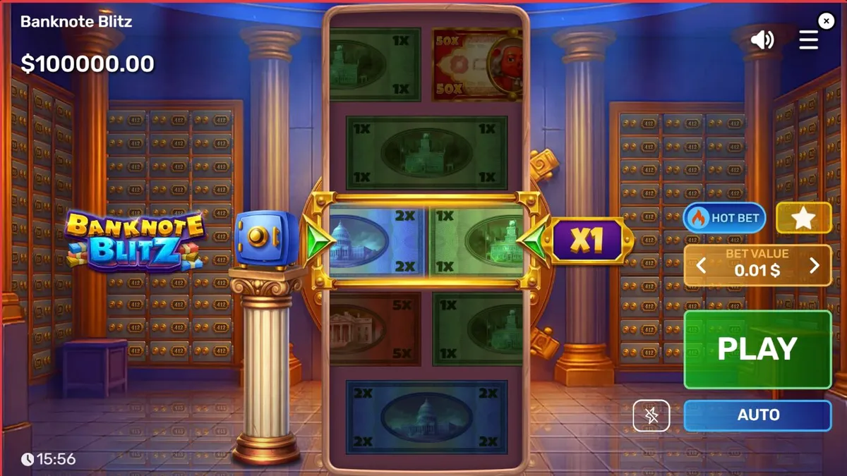 Banknote Blitz slot machine interface na may gintong vault theme