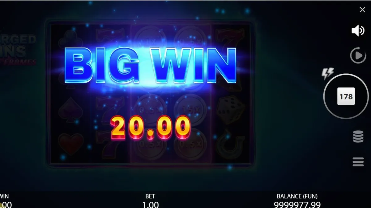 Isang neon-themed na slot machine na may 5x4 grid at maliwanag na Power Frames sa background.